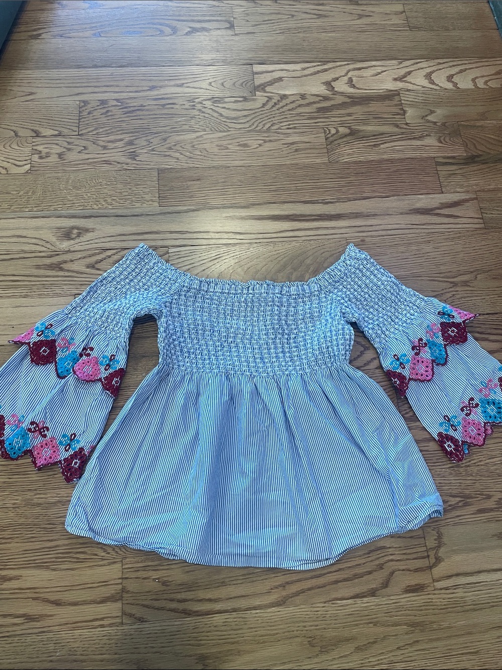 LOFT Blue & White Striped Off-Shoulder Top with Floral Embroidered Sleeves